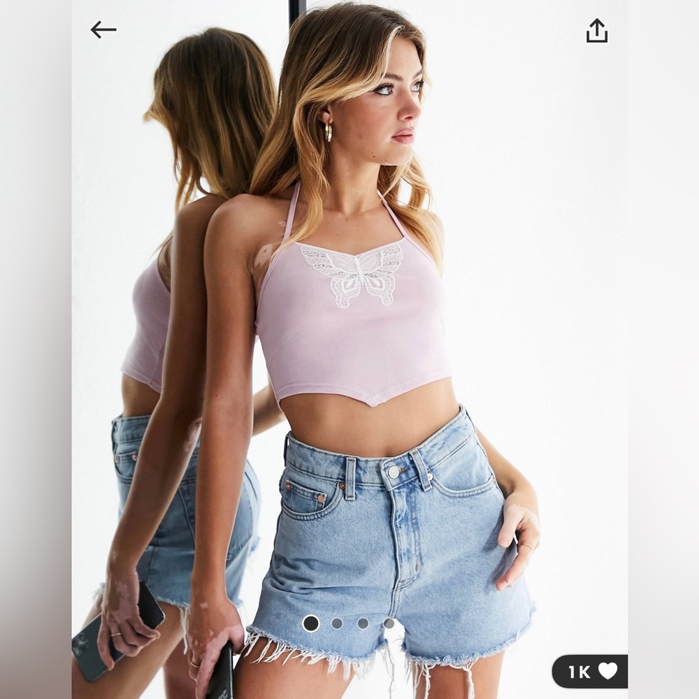 lilac butterfly halter top with contrast embroidery